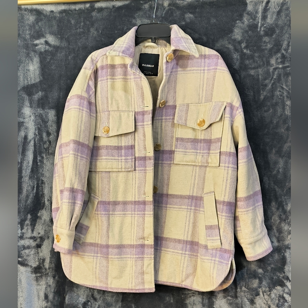 Pull&Bear Cream and Purple Plaid Utility Jacket